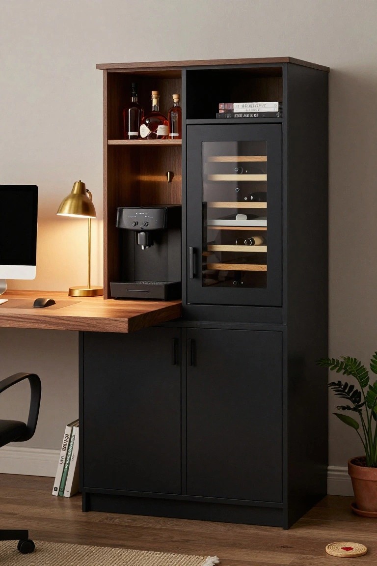 Black and walnut cabinet with desk extension holding coffee machine, open shelves with liquor bottles, glass-door wine refrigerator, and lower cabinets in a modern interior with computer and chair nearby.