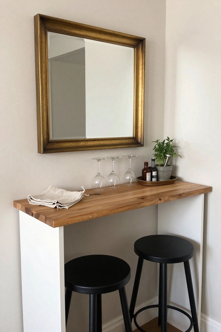 Corner indoor bar setup with wooden countertop on white metal legs, two black stools, gold-framed mirror on wall, wine glasses, bottles, and potted herb on counter.