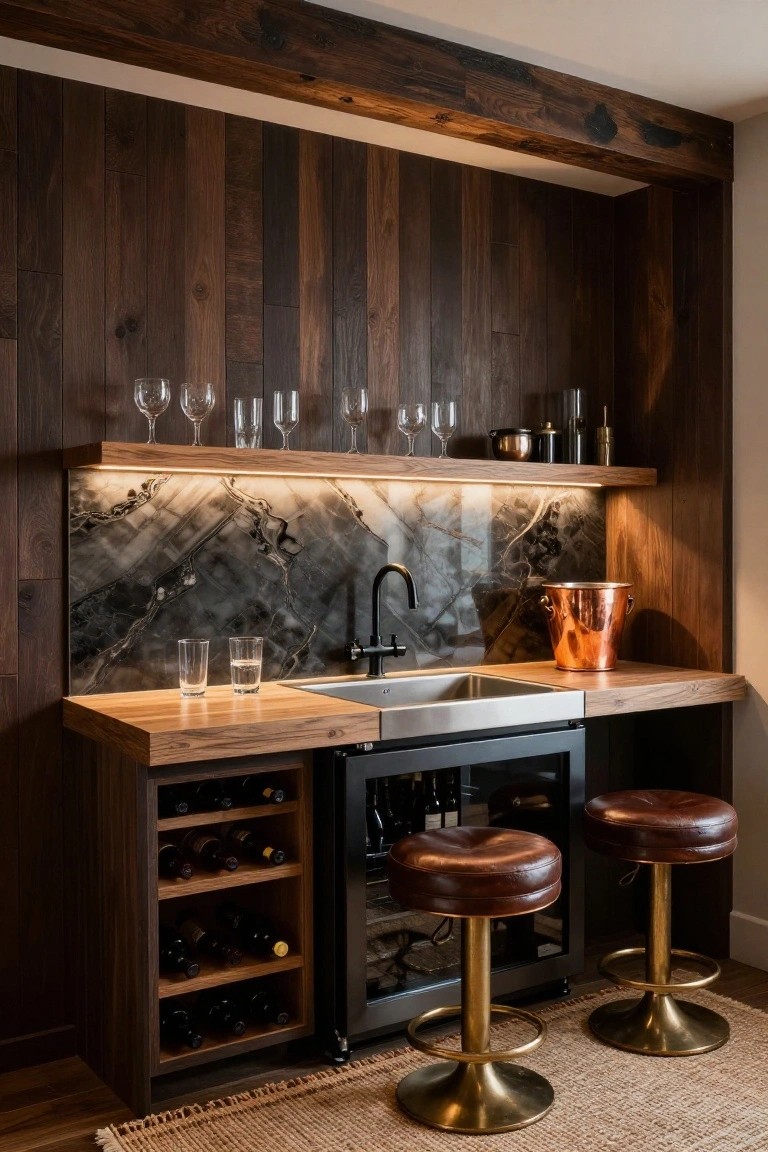 Wooden home bar cabinet with dark wood paneling, black veined marble backsplash and sink, wood countertop, integrated wine racks and black fridge, copper ice bucket, glassware on shelf above, and two leather bar stools with brass bases on wood floor with rug.