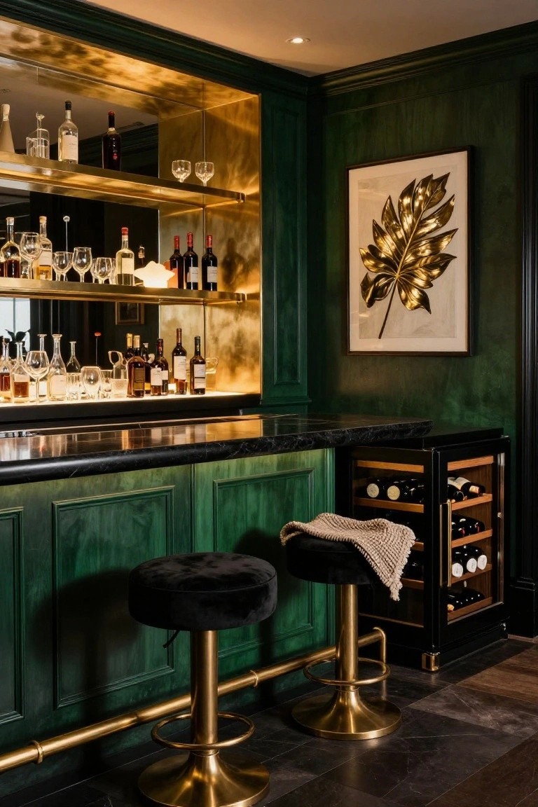 Emerald green paneled home bar with black marble countertop, black velvet barstools on brass bases with foot rails, gold-backed mirrored shelving stocked with liquor bottles and glasses, and a black wine fridge nearby.