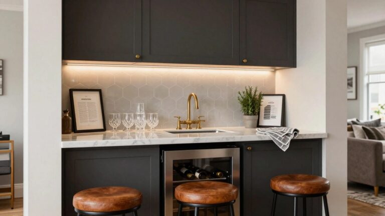 21 Stunning Modern Home Bar Ideas To Elevate Your Evenings Kitchen island bar with dark gray cabinet base, white marble countertop, gold gooseneck faucet, drinking glasses, wine bottle, potted plant, tan leather bar stools, gray upper cabinets, hexagon tile backsplash, and "Guest Crunch" framed sign.