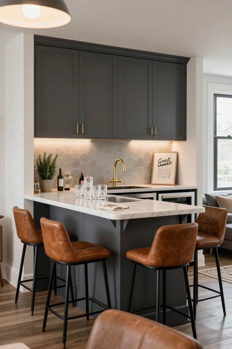 Kitchen island bar with dark gray cabinet base, white marble countertop, gold gooseneck faucet, drinking glasses, wine bottle, potted plant, tan leather bar stools, gray upper cabinets, hexagon tile backsplash, and