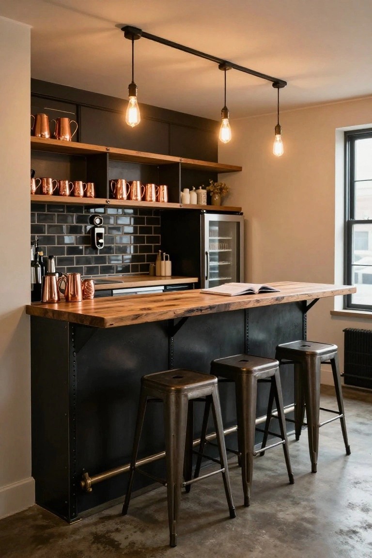Home bar area with black metal frame and base, wooden countertop extending to a window sill, four metal bar stools, black subway tile backsplash, wooden shelves with copper mugs, glass-front fridge, and three pendant lights.