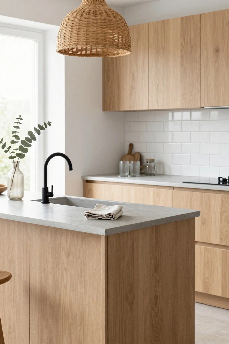 Modern kitchen interior with light oak cabinets, white subway tile backsplash, gray quartz island countertop, black matte gooseneck faucet in sink, rattan pendant light, wooden bar stool, and eucalyptus in glass vase.