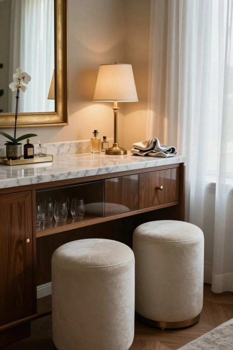 Wooden console with white marble top, gold-framed mirror, brass lamp, glass bottles on tray, folded towel, glasses in lower cabinet, and two cream pouf stools beside sheer white curtains in a light room.