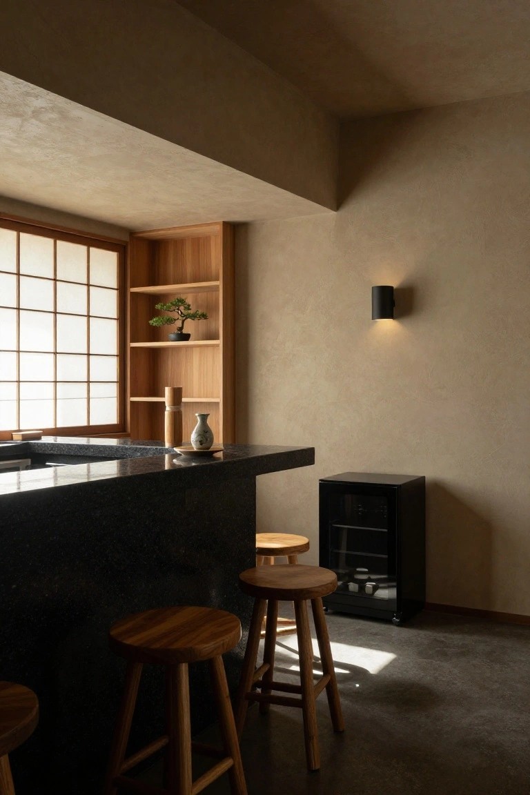 Minimalist interior of a home bar area with black stone countertop, three wooden barstools, wooden wall shelf holding bonsai plant and ceramic vase, shoji-style window, black wall light, and compact wine fridge on concrete floor.