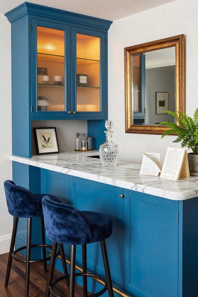 Navy blue corner bar cabinetry with glass-fronted upper doors, marble countertop, crystal decanter, framed artwork, two blue velvet barstools, and gold-framed mirror on white wall.