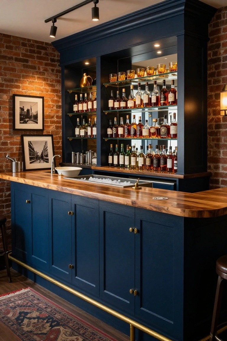 A home bar with navy blue built-in cabinets, wooden countertop, stocked liquor shelves, sink, ice bin, and brass foot rail against an exposed brick wall.