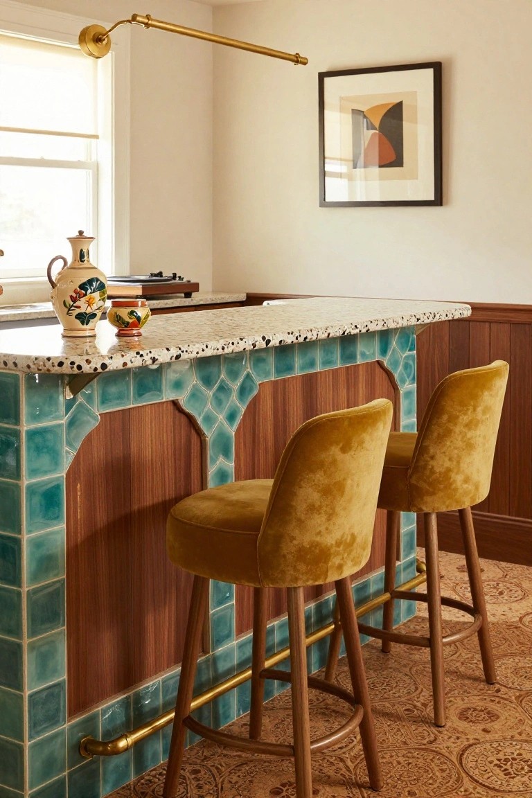 Kitchen bar counter with turquoise patterned tiles on the wood-paneled base, two mustard yellow velvet bar stools, terrazzo speckled countertop, decorative vase and pot, gold wall sconce, and abstract framed artwork on beige wall.