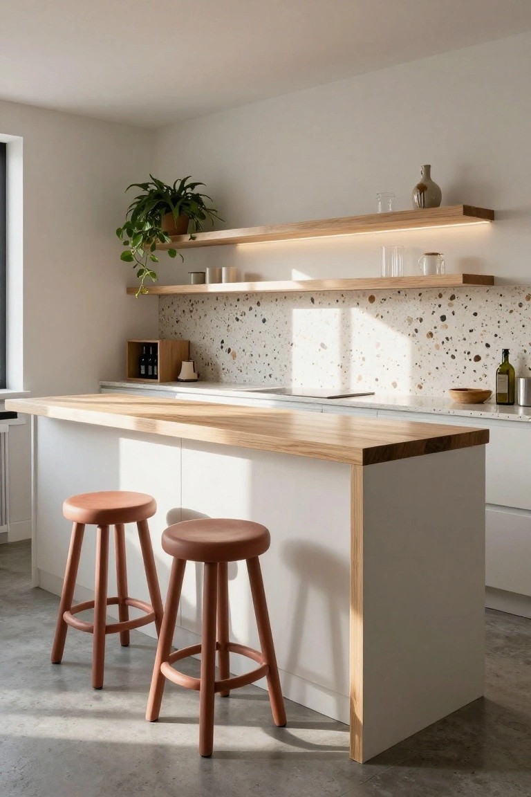Modern white kitchen with wooden-topped peninsula bar island, two red leather stools, terrazzo backsplash, floating oak shelves with glassware and plants, wooden box with wine bottles, and polished concrete floor.