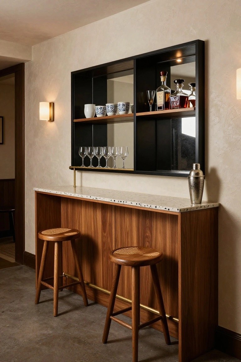 Modern indoor home bar with walnut wood counter and speckled white top, two rattan stools, silver cocktail shaker, and black-framed wall shelving unit featuring mirror, liquor bottles, glasses, and ceramics.