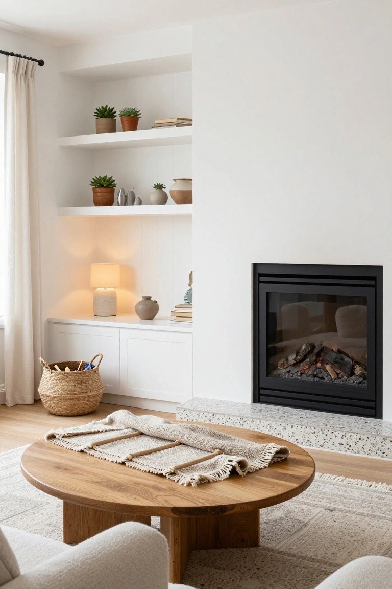 A living room with two cream-colored curved armchairs flanking a round wooden coffee table on a woven rug, in front of a fireplace flanked by white shelves holding plants, ceramics, and books.