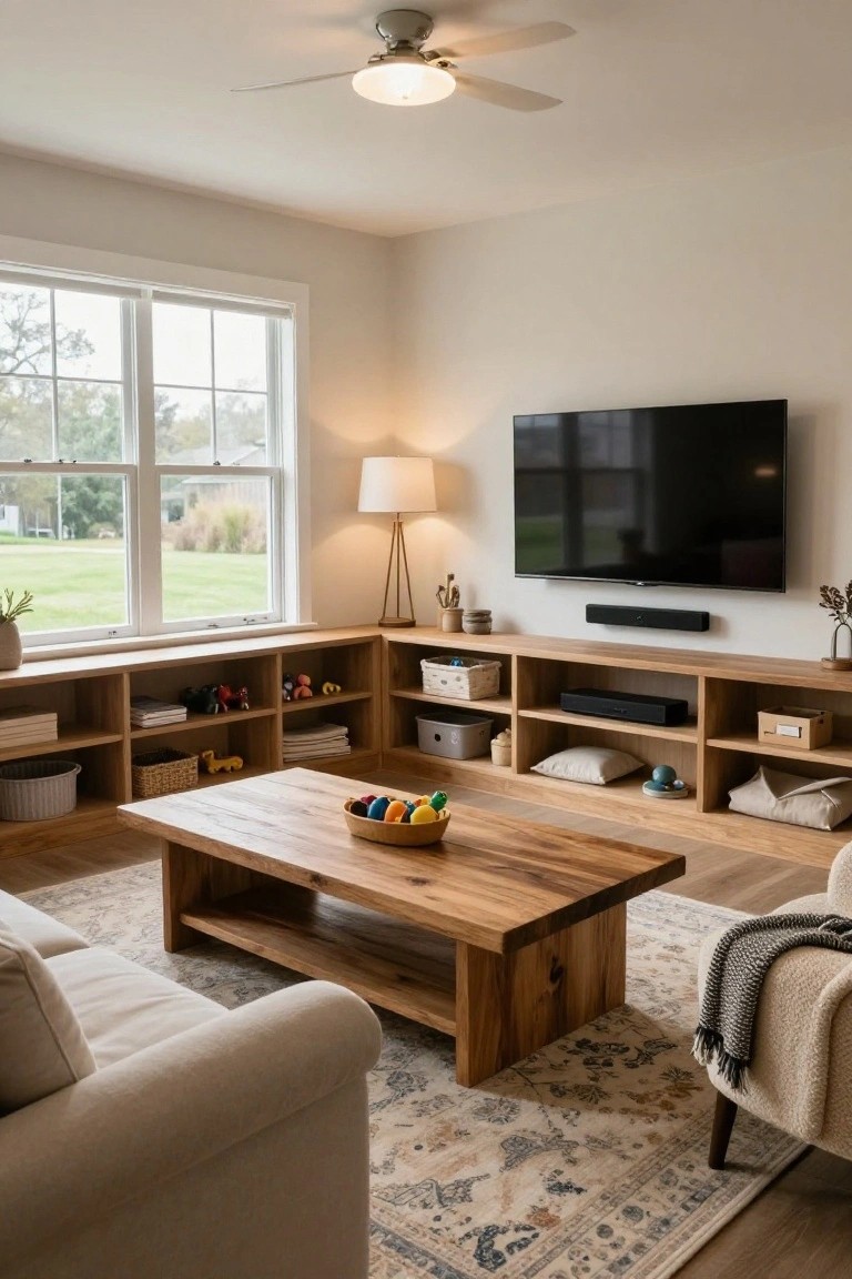 Living room with beige sofa, wooden coffee table holding a bowl of colorful eggs, built-in wooden shelves stocked with toys and baskets flanking a wall-mounted TV and soundbar, floor lamp, rug, and window view of lawn and trees.