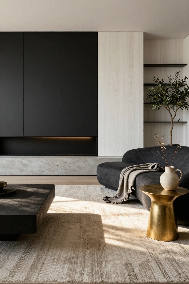 Modern living room with curved black sofa on beige rug, low black coffee table, gold side table holding vase with branches and throw blanket, dark paneled wall with lit fireplace shelf, light wood accents and potted olive tree on shelves.