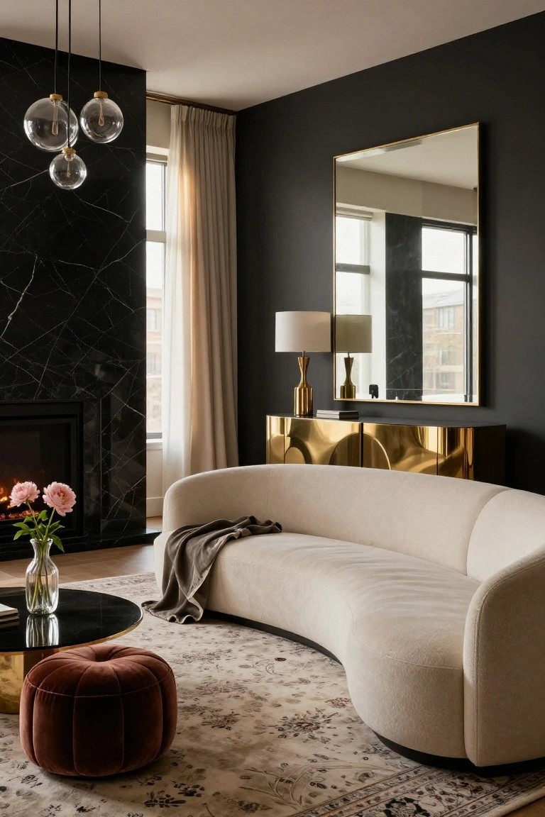 Modern living room with large curved cream sofa on a patterned rug, black marble fireplace wall, gold credenza and lamps, glass coffee table, and pendant lights.