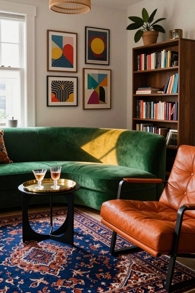 Living room with green curved velvet sofa, orange leather armchair, black coffee table holding brass tray with two glasses of amber liquid, wooden bookshelves filled with books, colorful abstract art on white walls, potted plant, and blue Persian rug.