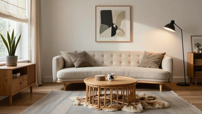 Light gray fabric sofa and smaller matching loveseat face each other across a round rattan coffee table topped with sheepskin and a mug in a beige living room with wooden furniture, snake plant, floor lamp, and abstract wall art.