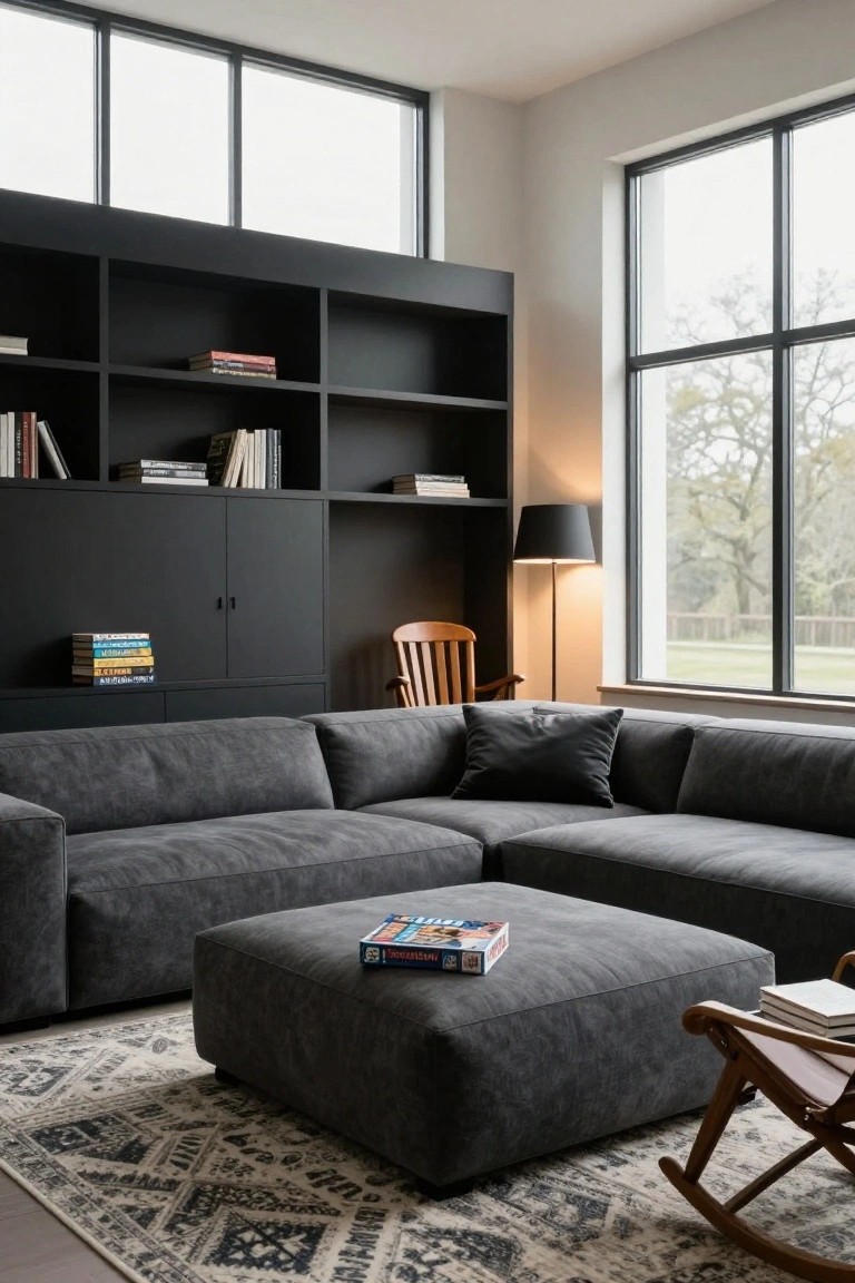 Modern living room with dark gray sectional sofa and large black bookshelf.