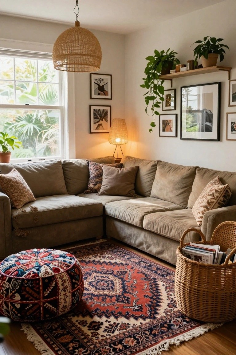 Beige L-shaped fabric sectional sofa in a bright living room corner with a red and blue pouf on a patterned rug, surrounded by plants, artwork, and a wicker pendant light.