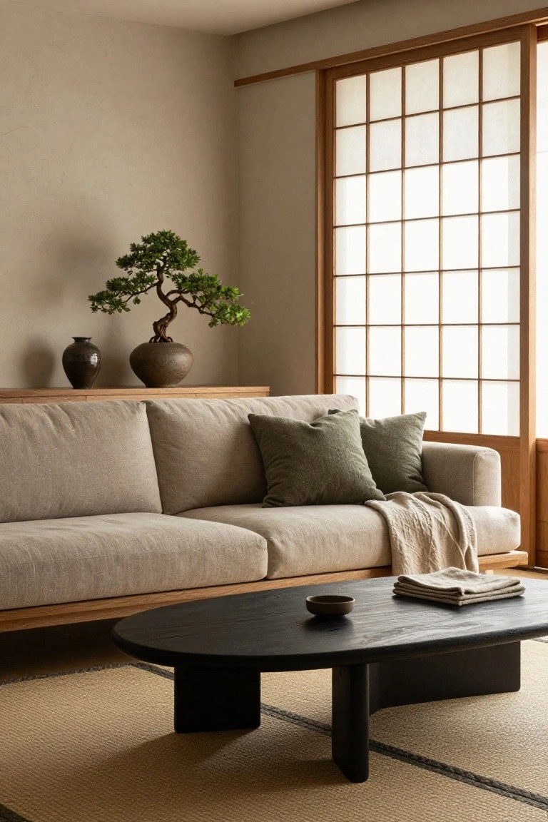 A minimalist Japanese-style living room with a low beige sofa, green pillows, black oval coffee table on a seagrass rug, bonsai tree and vases on a wooden shelf, and shoji screen window.