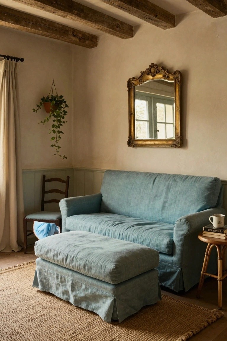 Cozy living room corner with turquoise slipcovered sofa and matching ottoman on seagrass rug, wooden ladderback chair, rattan side table holding books and mug, exposed beam ceiling, gold ornate mirror, hanging ivy plant, and beige curtains.