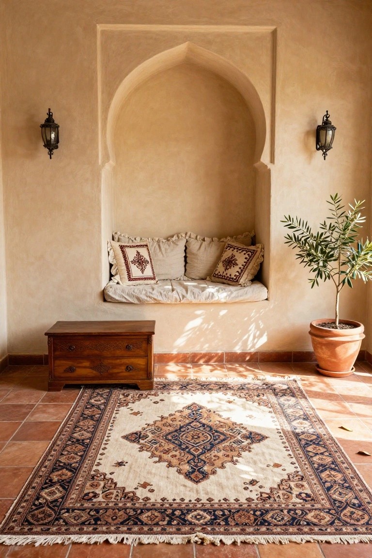 Beige interior with arched niche holding cushioned bench, wooden chest on terracotta floor, potted olive tree, wall lanterns, and large cream rug featuring navy and rust patterns.