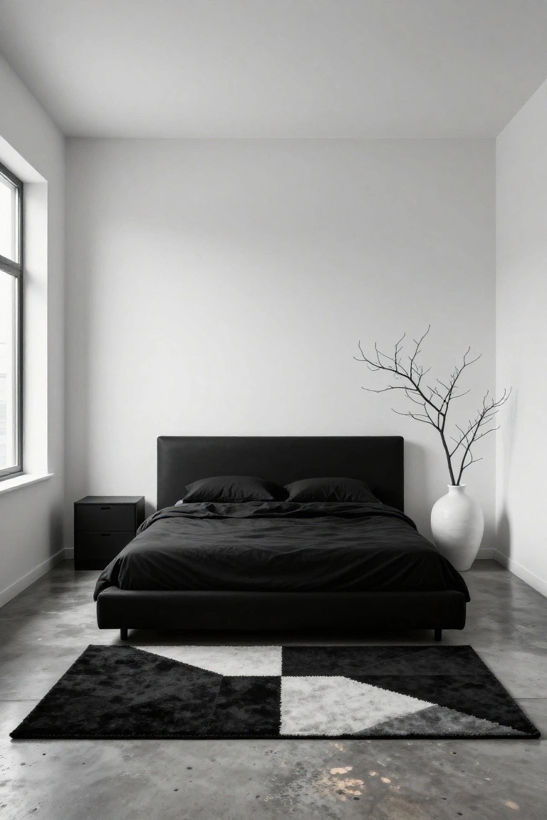Minimalist bedroom featuring a black upholstered bed with black linens on a black and white geometric rug, white walls, a black nightstand, large window, tall white vase with black branches, and polished concrete floor.