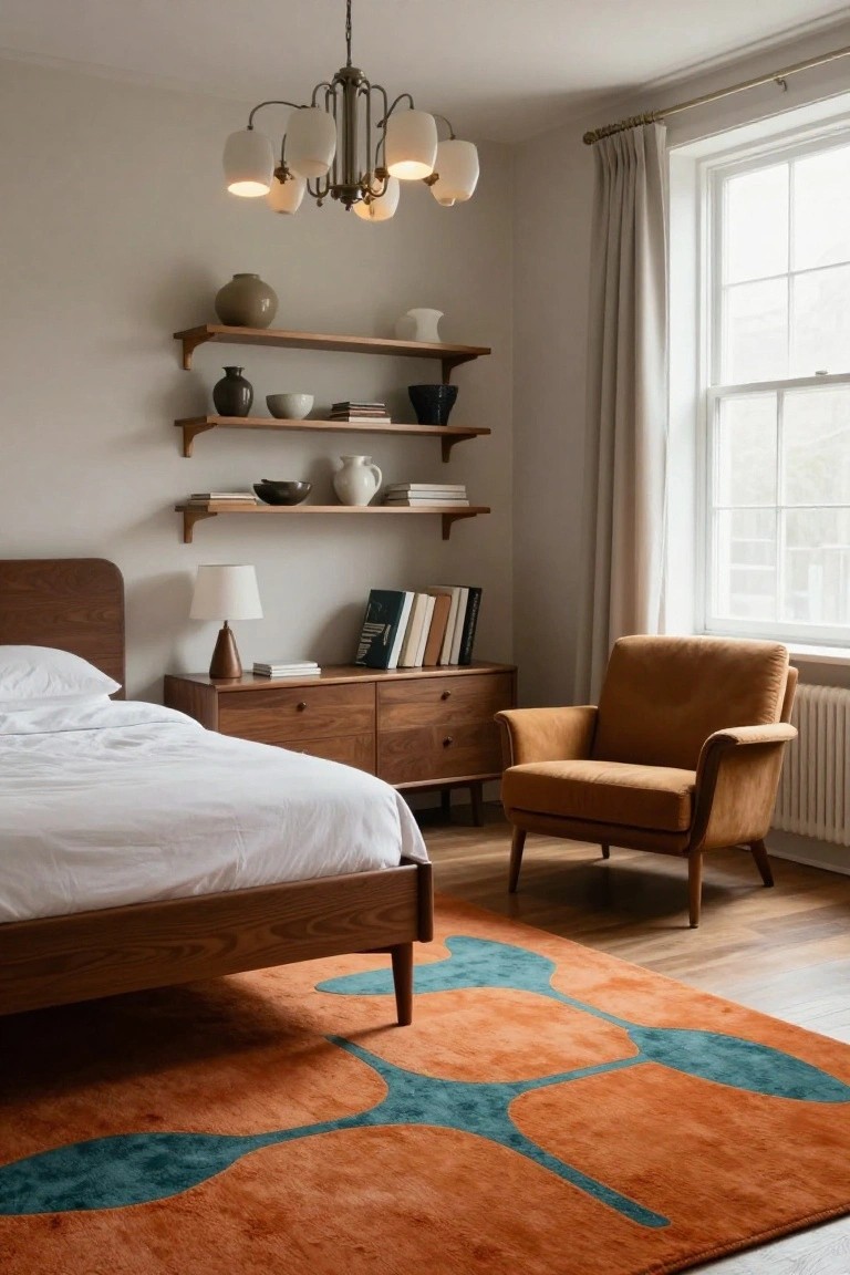 Bedroom interior featuring a wooden mid-century bed with white linens, matching nightstand with lamp, orange upholstered armchair, floating wooden shelves with pottery and books, beige curtains on a large window, chandelier overhead, and a large orange rug with teal abstract shapes on oak floors.