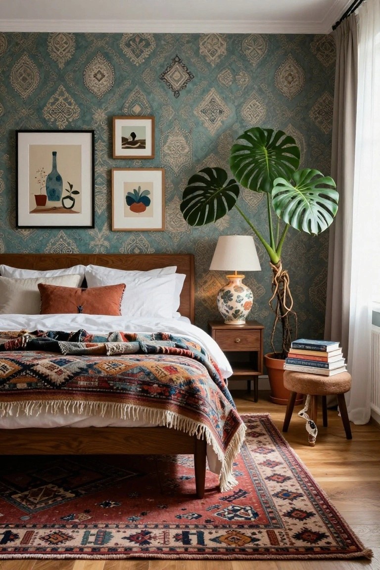 Bedroom with teal patterned wallpaper, wooden bed draped in multicolored woven blanket, white pillows including an orange one, nightstand with lamp and vase, large monstera plant in terracotta pot, stack of books, and red patterned rug on hardwood floor.