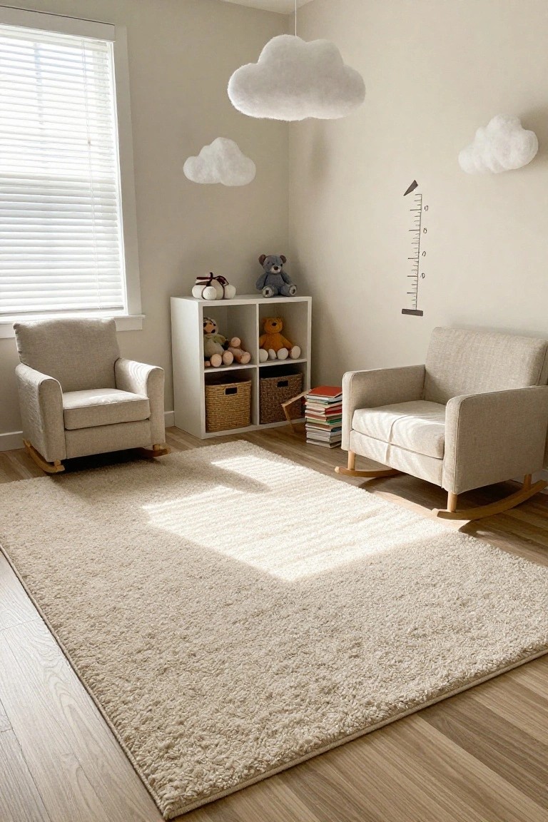 Nursery room with large light shag rug on hardwood floor, two beige fabric rocking chairs, white cube shelving unit holding stuffed animals and books, cloud decorations on beige walls, and wooden growth chart.