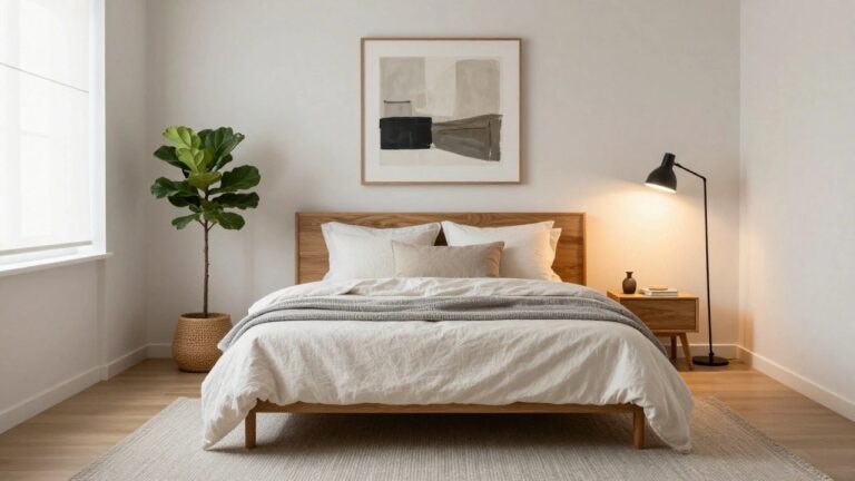 A minimalist bedroom featuring an oak bed with white linens and gray throw, light seagrass rug on wood floors, fiddle leaf fig plant, bedside table with lamp, and abstract artwork on a light gray wall.