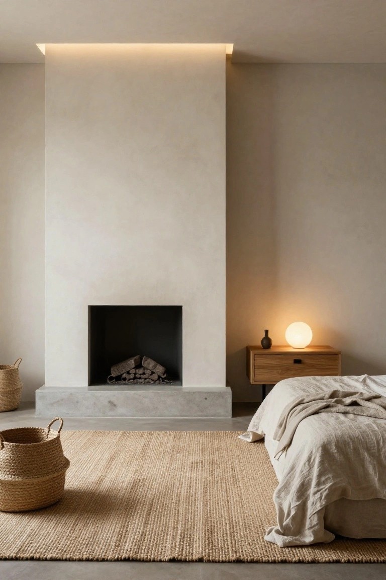 A minimalist bedroom with a large beige jute rug under a bed with white linens, a wooden nightstand with lamp and vase, woven baskets, a fireplace in a textured wall, and polished concrete floor.