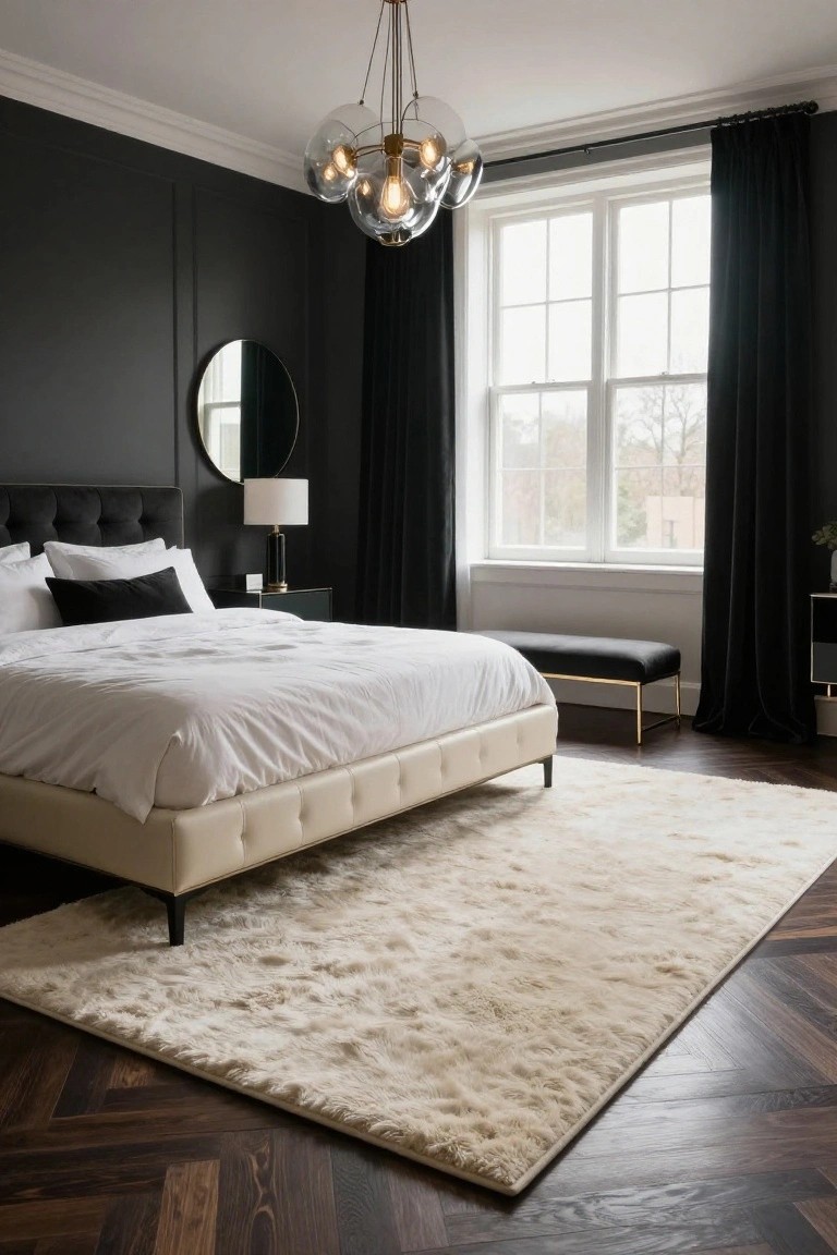 A luxury bedroom with dark gray paneled walls, a beige tufted upholstered bed centered on a large fluffy cream shag rug over dark herringbone wood floors, black velvet headboard, white bedding, and large curtained windows.