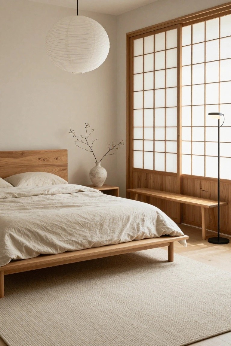 Bedroom interior with low wooden platform bed draped in white linen bedding, wooden bench, tall ceramic vase with branches, shoji sliding doors, paper lantern ceiling light, black floor lamp, and light beige textured rug on light wood floor.