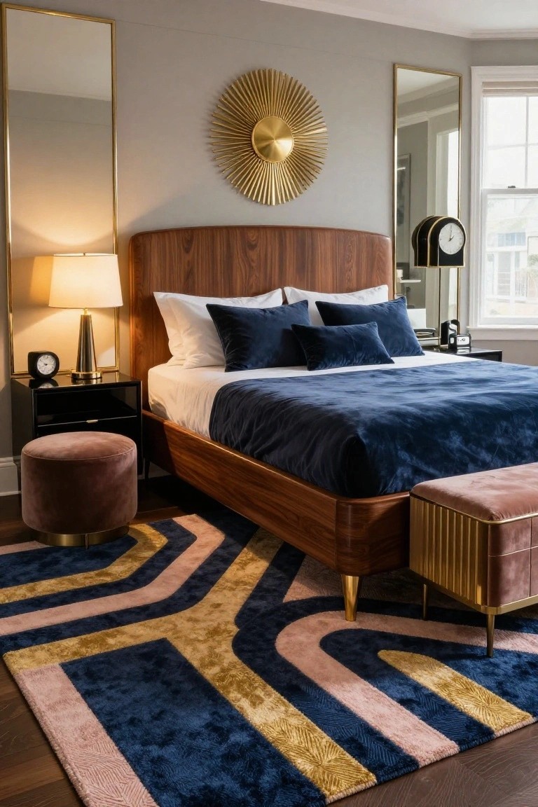 Bedroom with curved wood headboard bed in navy velvet bedding, black nightstands, gold mirrors, velvet pillows, and a navy geometric rug with gold and pink curves on wood floor.