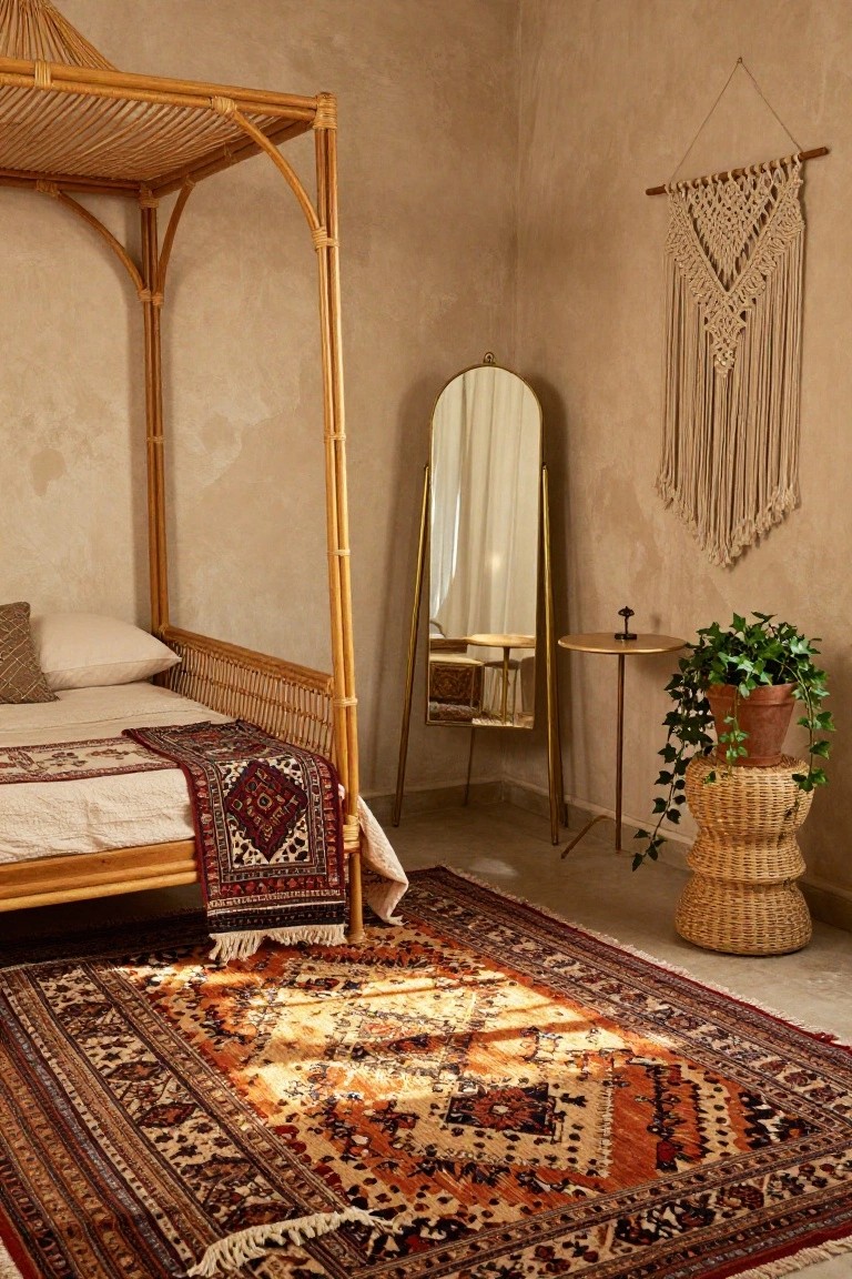 A cozy bedroom corner with a rattan canopy bed draped in a patterned throw, gold full-length mirror, macrame wall hanging, potted ivy on a woven stool, side table, and large orange-beige Oriental rug on the beige-tiled floor.