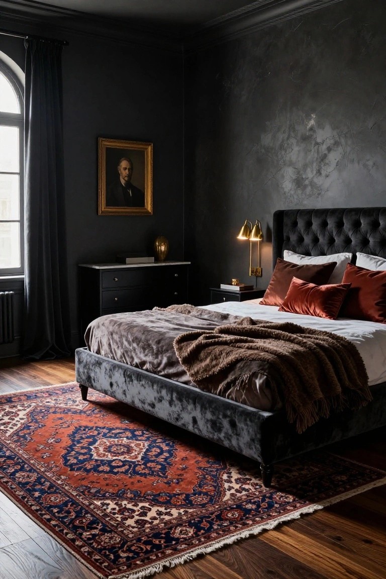 Moody bedroom interior with charcoal walls, black velvet tufted bed on a red and blue Persian rug, gold lamps, marble dresser, and arched window with dark curtains.