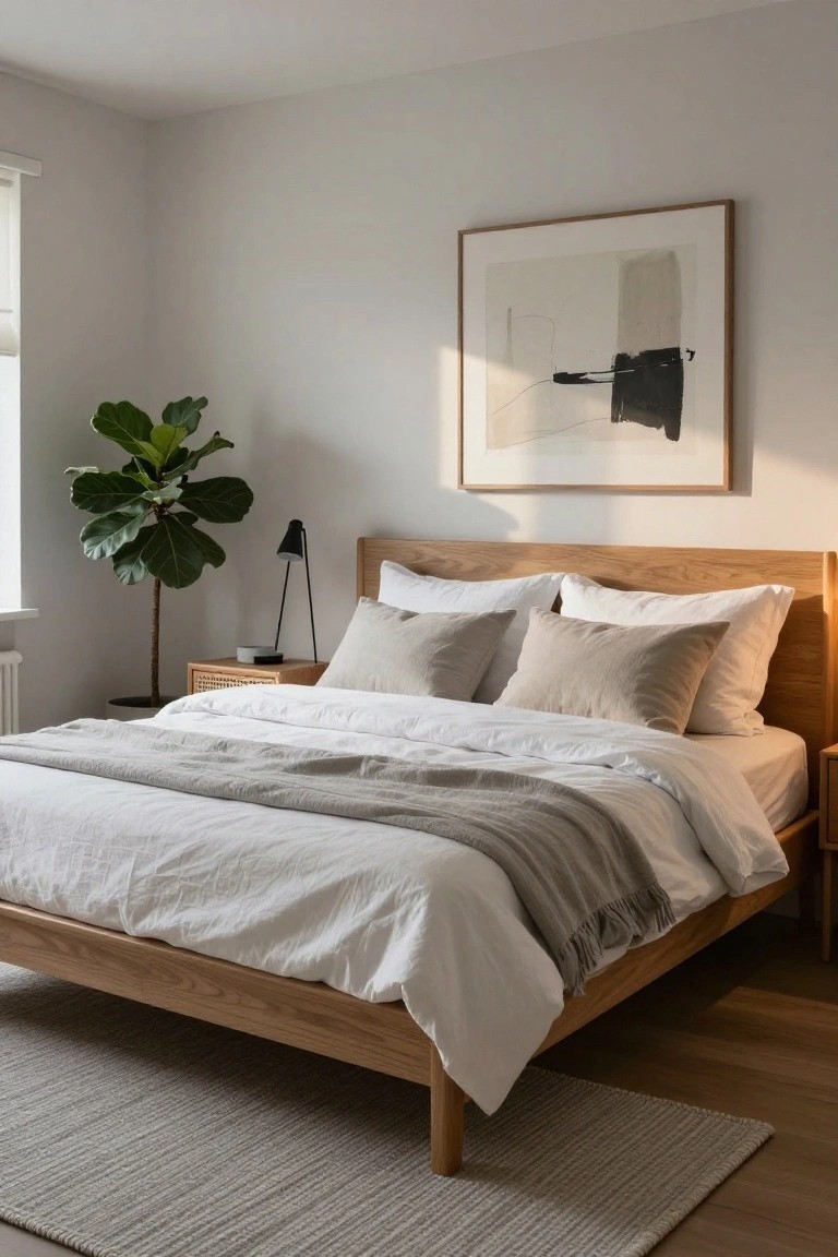 A minimalist bedroom featuring an oak bed with white linens and gray throw, light seagrass rug on wood floors, fiddle leaf fig plant, bedside table with lamp, and abstract artwork on a light gray wall.