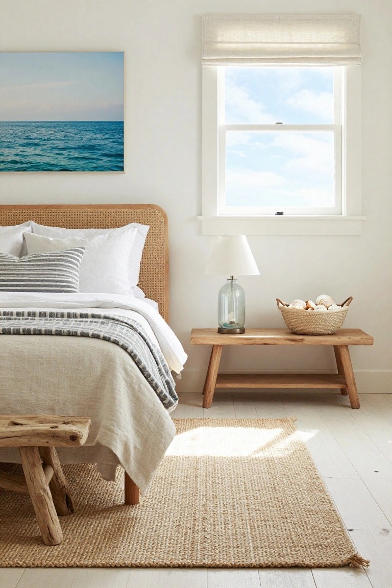 Bedroom with rattan headboard, white sheets and striped pillows, wooden nightstand holding glass bottle lamp and basket of shells, driftwood foot bench, beige seagrass rug on light wood floors, near window with blue ocean wall art.