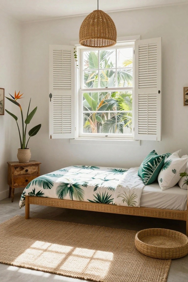 Bedroom with low rattan bed draped in white and green palm leaf bedding, wooden nightstand, potted bird of paradise plant, seagrass rug on floor, and white louvered shutters open to palm trees outside.