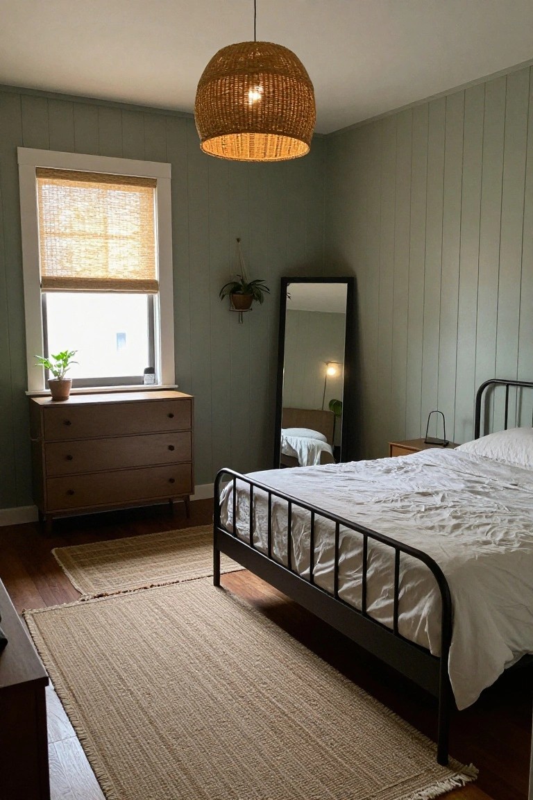 Bedroom with sage green shiplap walls, black metal bed on white sheets, large seagrass rug over hardwood floors, wooden dresser, tall black mirror, plants, and rattan pendant light.