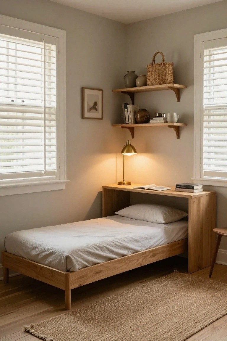 Corner of a minimalist bedroom with light wood bed and desk unit, open wooden shelves holding books and ceramics, brass desk lamp, white blinds on two windows, and beige seagrass rug on oak hardwood floor.