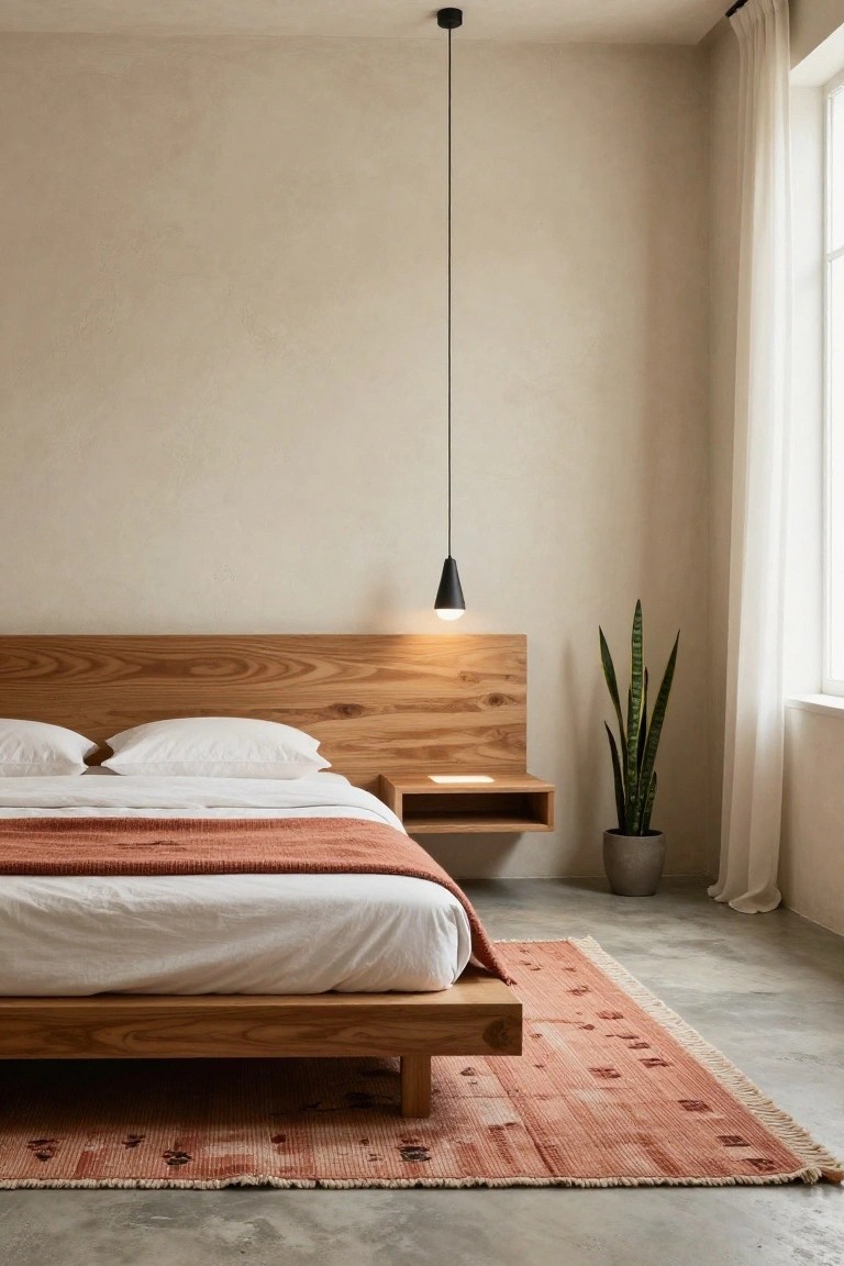 Minimalist bedroom with wooden platform bed, white bedding, terracotta patterned rug on concrete floor, snake plant in gray pot, sheer curtains on window, and black pendant light.