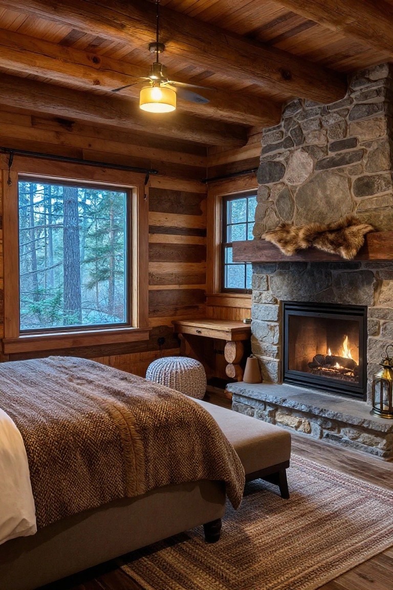 Rustic log cabin bedroom featuring a king bed with fur throw, stone fireplace with fire burning, wooden desk, ottoman, and large textured braided rug on wood plank floors, with forest view through windows.