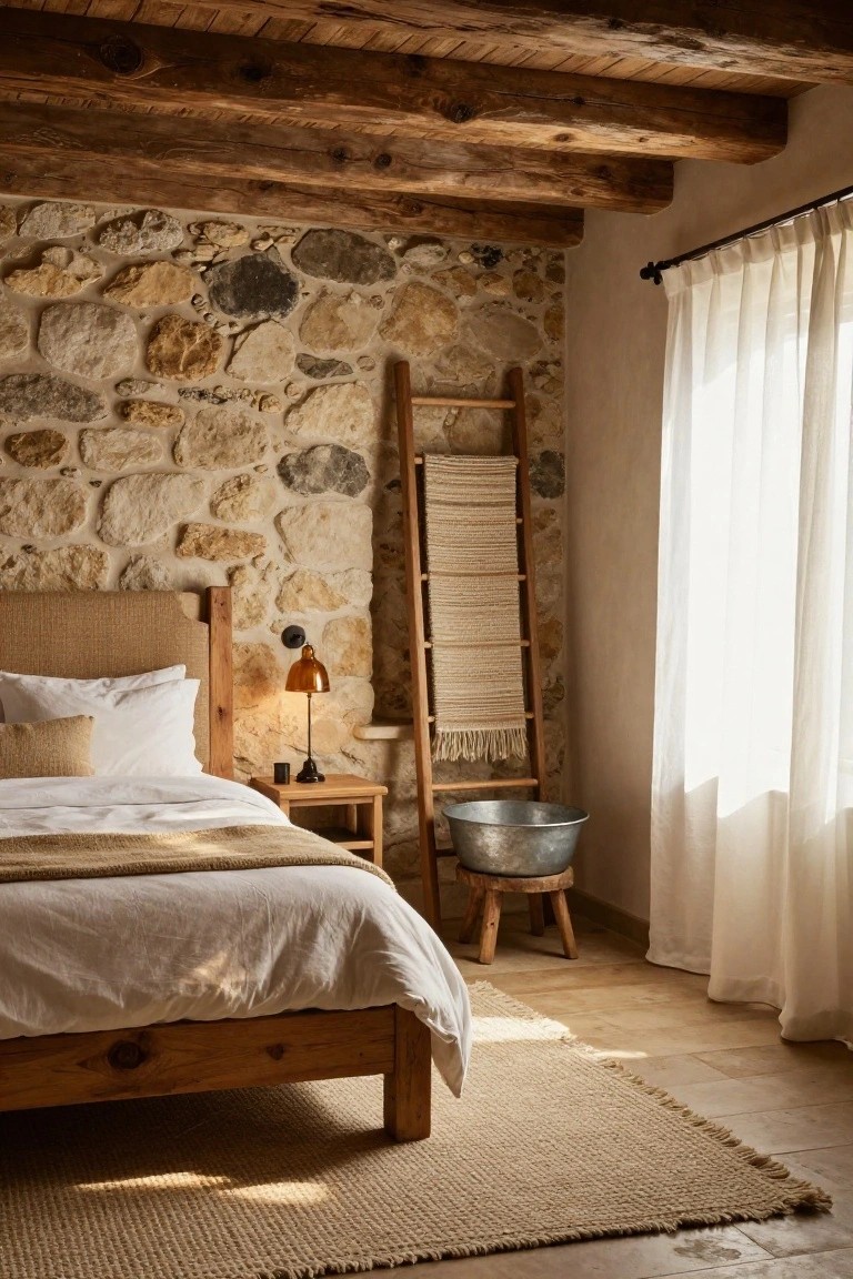 Bedroom interior with exposed stone walls, wooden bed frame and nightstand, beige woven rug on terracotta tile floor, ladder shelf with textiles, metal tub stool, and white curtains by window.