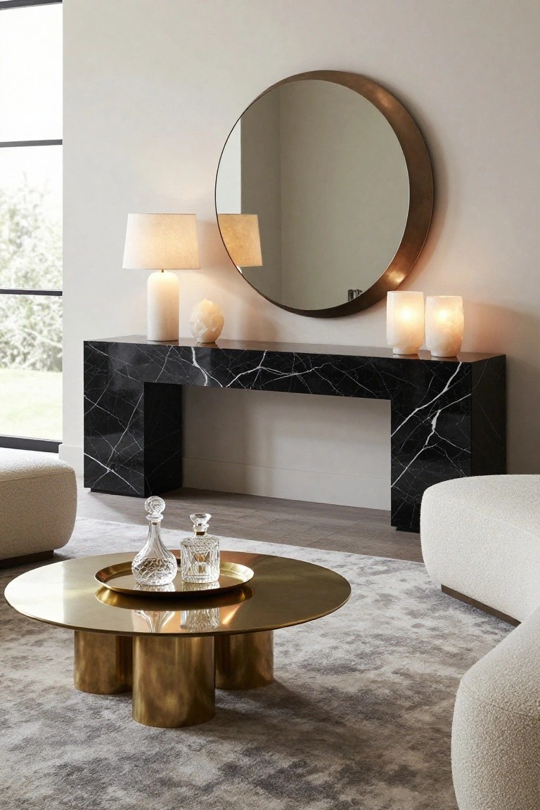 Living room with black veined marble console table against a light wall, topped with white lamps and candles, large round brass mirror above, gold coffee table holding glass decanters, cream ottomans, and large window.