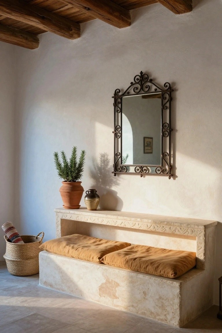 Indoor alcove featuring a built-in beige carved stone bench with mustard cushions, topped by terracotta pots with rosemary plant and a small vase, ornate black wrought-iron mirror on white wall, wooden beam ceiling, and woven basket nearby.