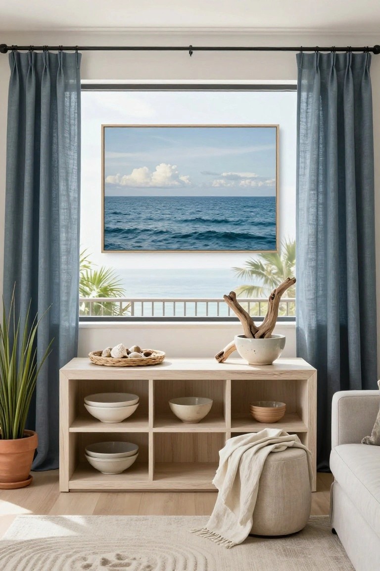 Light wood console table with open shelves holding stacked white bowls and a bowl with wooden sticks, topped with a basket of shells and a bowl of driftwood, positioned beside a large window showing blue ocean water, blue curtains, and a palm tree outside in a modern living room.