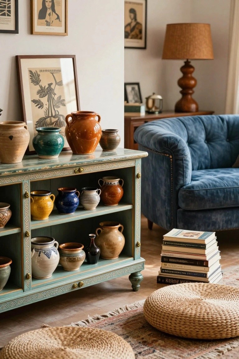 A turquoise console table with carved details displays numerous colorful ceramic vases and pots of varying sizes and shapes next to a blue velvet tufted sofa in a living room with wall art, a lamp, books, and floor poufs on a patterned rug.