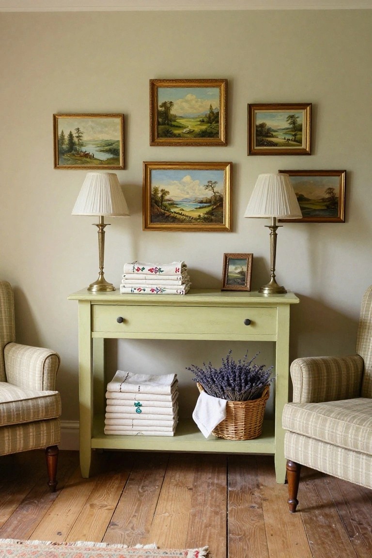 Pale green painted console table in a living room holding stacked white embroidered linens, basket of lavender, and draped cloth, flanked by brass lamps and upholstered armchairs, landscape oil paintings on beige walls, wooden floor.